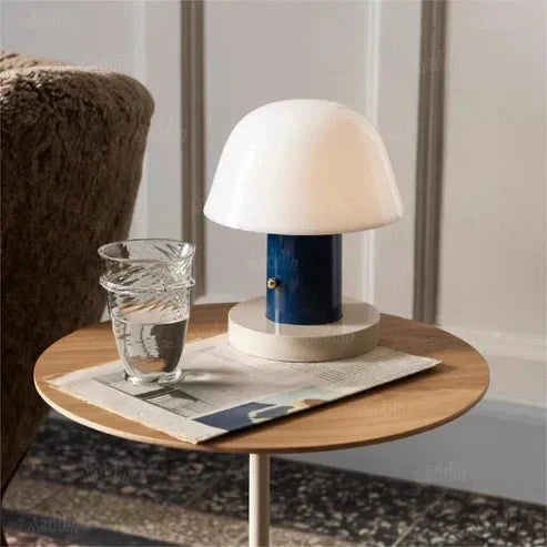 Glass-Look Mushroom Table Lamp with Cylindrical Metal Base
