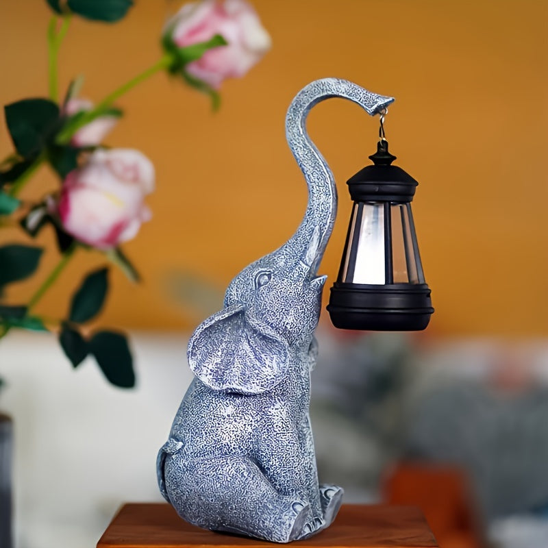Grey Stone-Effect Elephant Solar Garden Lamp with Lantern