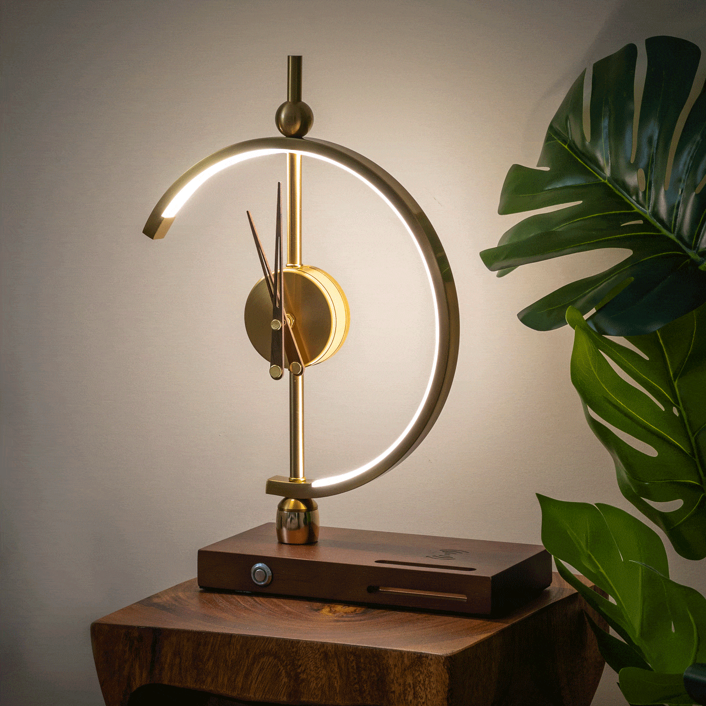 LED Table Lamp with Clock and Wooden Base