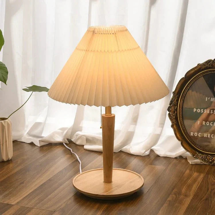 Wood Table Lamp with Pleated Fabric Shade