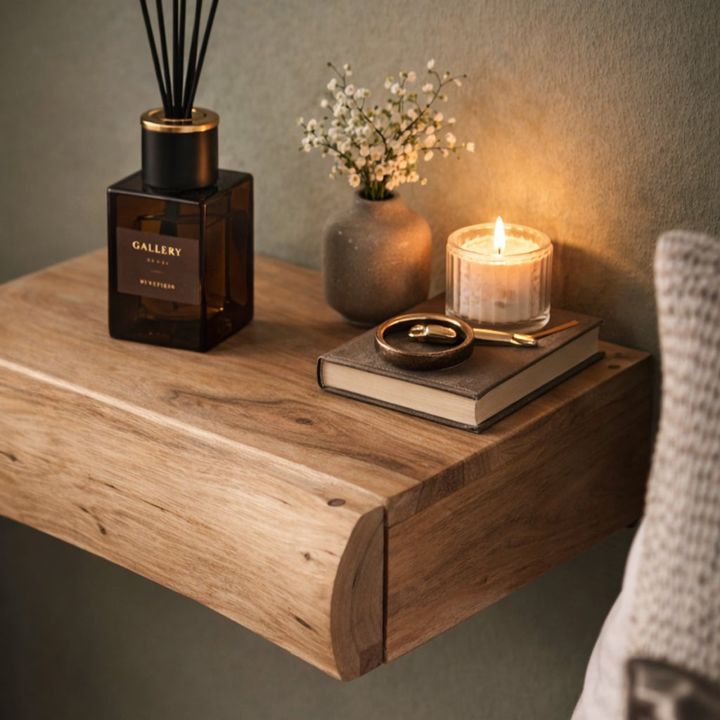 Wall-Mounted Acacia Wood Bedside Shelf 2