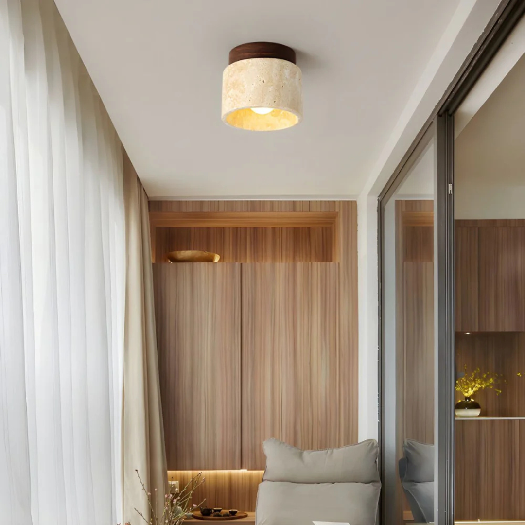 Travertine Ceiling Lamp with Wooden Accent 3