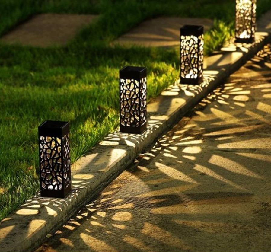 Solar Outdoor Lantern Black Cutout Metal Floor Light