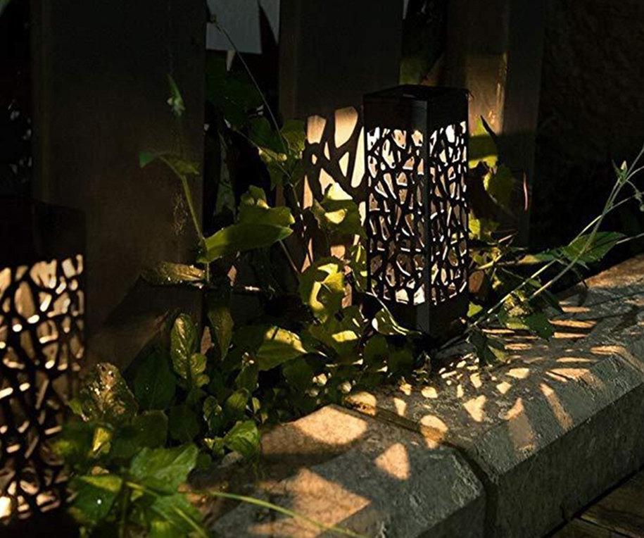 Solar Outdoor Lantern Black Cutout Metal Floor Light