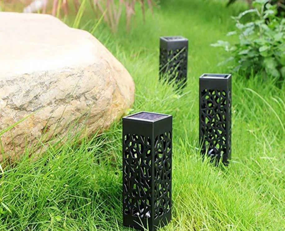 Solar Outdoor Lantern Black Cutout Metal Floor Light