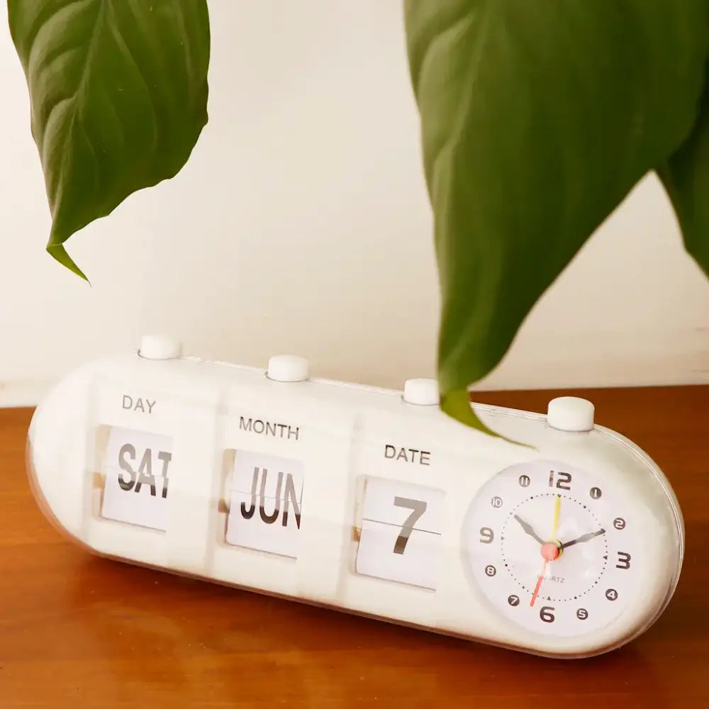 Manual Flip Calendar Clock With Analog Time Display