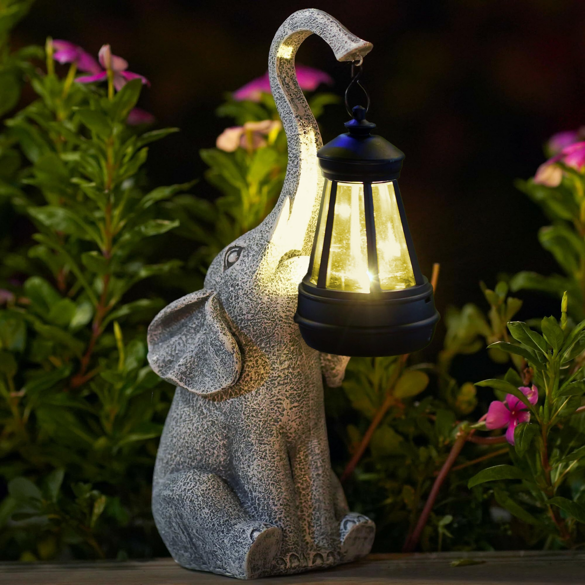 Grey Stone-Effect Elephant Solar Garden Lamp with Lantern