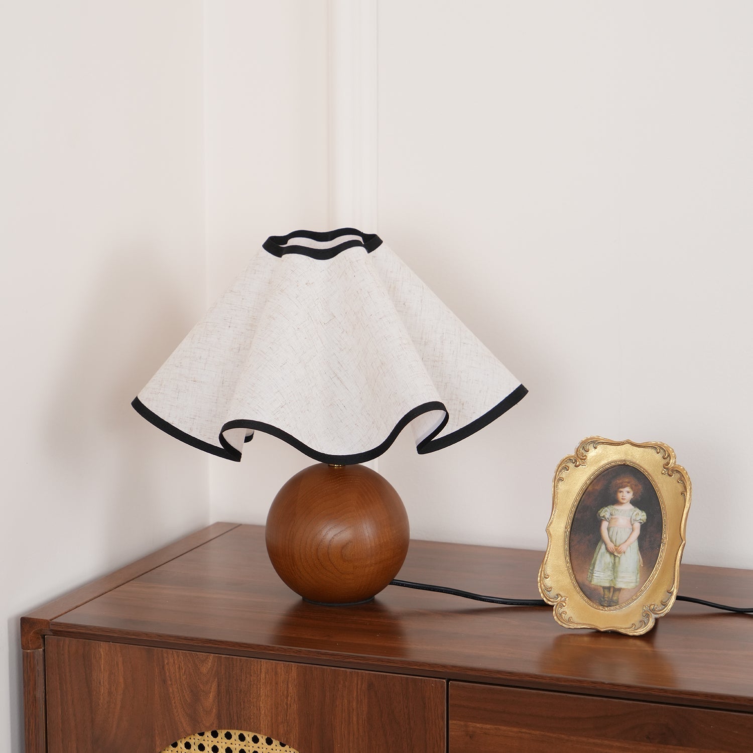 Round Wood Base Table Lamp with Wavy Fabric Shade